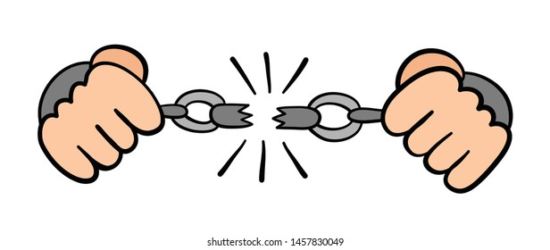 Vector hand drawn illustration of prisoner breaking chains. Black outlines and colored.