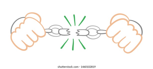 Vector hand drawn illustration of prisoner breaking chains. Colored outlines and white background.