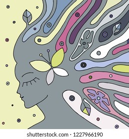 Vector  hand drawn illustration of psychedelic woman face with abstract tree, flowers, leaves, dots, butterfly, background Decorative artistic creative picture, line drawing. Coloring