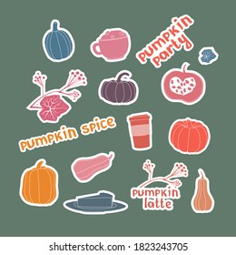 Vector hand drawn illustration pumpkin latte, pumpkin spice. A set of stylized stickers - coffee, different pumpkins and lettering. For posters, postcards, design of cafes, menus. Simple flat style.