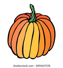 Vector hand drawn illustration of pumpkin. Isolated object on white background. Vegetable harvest clip art.  Farm market product. Elements for autumn design, decoration.