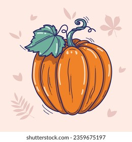 Vector hand drawn illustration of pumpkin with leaf in doodle style isolated on a light background with autumn leaves