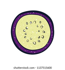 Vector hand drawn illustration of a purple eggplant. Coloful cartoon icon. Food art for print, web, mobile and infographics. Isolated on white background element.
