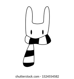 Vector hand drawn illustration Rabbit with a warm striped scarf on a white background. Doodle illustration for cards, posters, stickers