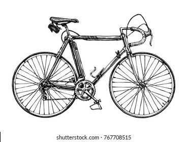 Vector hand drawn illustration of racing bicycle in ink hand drawn style.