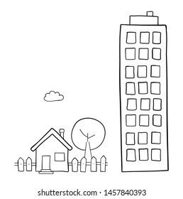 Vector hand drawn illustration of it's raining and opened umbrella. Black outlines and white background.