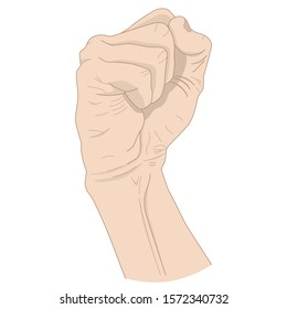 Vector hand drawn illustration of raised fist in cartoon style isolated on white background