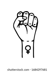 Vector hand drawn illustration of raised fist with female symbol on it. World symbol of protest and struggling for rights.