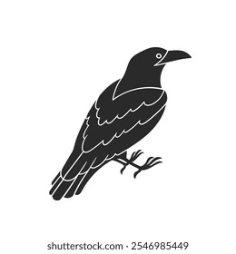 Vector hand drawn illustration of raven. Black and white sticker with crow. The witch's pet is a symbol of dark magic.