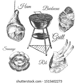 vector hand drawn illustration of raw meat for chargrill.
sketch of beef steaks for garden fire.
flat lay ink doodle of barbecue ingredients.
summer rib pit restaurant design template