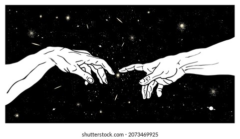 Vector hand drawn illustration of reaching hands on dark universe starry sky.