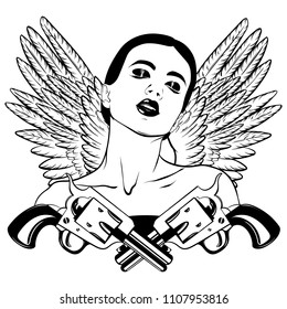 Vector hand drawn illustration of realistic girl withguns and wings. Tattoo hand sketched artwork with portrait. Template for card, poster, banner, print for t-shirt, sticker, textiles.