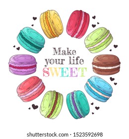 Vector hand drawn illustration. Realistic french dessert - macaroons. Each object can be changed and moved for your design.