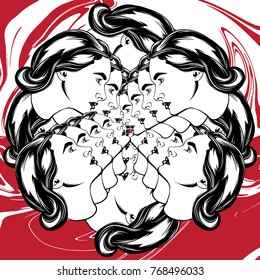 Vector hand drawn illustration of realistic woman. Tattoo artwork. Template for card, poster, banner, print for t-shirt.