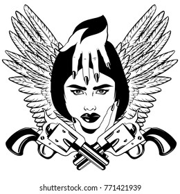 Vector hand drawn illustration of realistic angry girl with hands, guns and wings. Tattoo hand sketched artwork with portrait. Template for card, poster, banner, print for t-shirt, sticker, textiles.