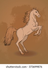 Vector hand drawn illustration with rearing horse on textured background. In beige colors.