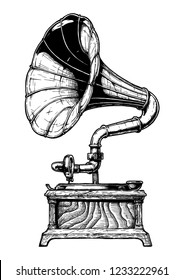 Vector hand drawn illustration of record gramophone in vintage engraved style. Isolated on white background. 