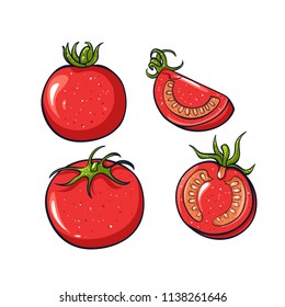 Vector hand drawn illustration of red tomato. Coloful cartoon  icon. Food art for print, web, mobile and infographics. Isolated on white background element. Set