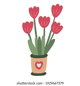 Vektor handgezeichnet Illustration von roten Tulpen in einem kleinen Topf mit einem Herz dekoriert. Schöne Frühlingsblumen. Ideal für Ostergrußkarten, Heimplakate, Gartendesign.