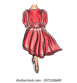 Vector hand drawn illustration of a red female delicate dress with a flying skirt, color fashion illustration