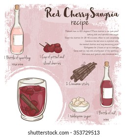 vector hand drawn illustration of red cherry sangria recipe with list of ingredients 