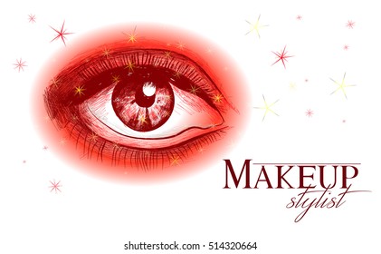 Vector hand drawn illustration of red women eye. Concept for beauty salon, cosmetics label, cosmetology procedures, visage and makeup.