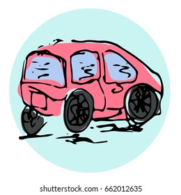 Vector Hand Drawn Illustration. Red car. Paris Theme. Sketch.