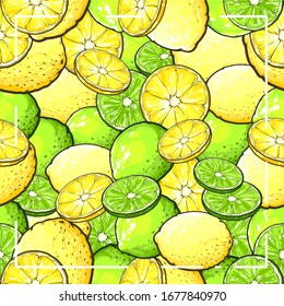 Vector hand drawn illustration of repeat pattern with many lime and lemon slices