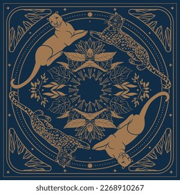 Vector hand drawn illustration. Resting leopards on a dark blue background