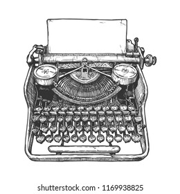 Vector hand drawn illustration of retro typewriter in vintage engraved style. Isolated on white background.
