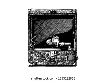 Vector hand drawn illustration of retro portable wind-up phonograp in vintage engraved style. Isolated on white background. 