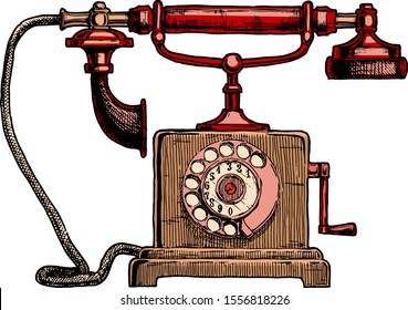 Vector hand drawn illustration of retro telephone in vintage engraved style. isolated on white background. 