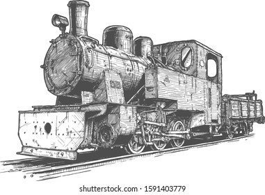 Vector hand drawn illustration of retro steam locomotive and tender in vintage engraved style. Isolated on white background. 