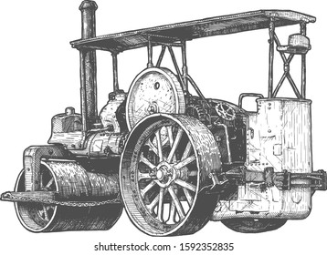 Vektorillustration handgezeichnete Illustration von Retro-Steam-Roller in Vintage graviert Stil. Einzeln auf weißem Hintergrund. Rückansicht.