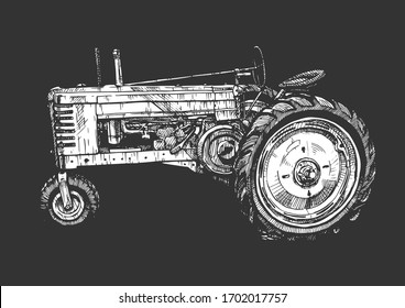 Vector hand drawn illustration of retro three–wheeled tractor in vintage engraved style. isolated on black background. Side view.