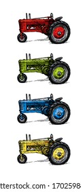 Vector hand drawn illustration of retro three–wheeled tractor in vintage engraved style. isolated on black background. Side view. Four colors: red, green, blue and yellow.