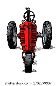 Dibujo hecho a mano por el vector del tractor rojo de tres ruedas retro en estilo vintage grabado.  aislado de fondo blanco. vista frontal.