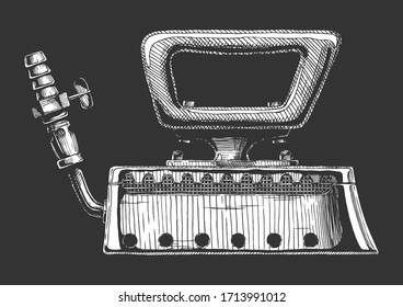 Vector hand drawn illustration of retro clothes iron, gas smoothing. Isolated on black background. Side view.