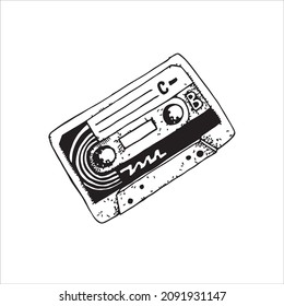 Vector hand drawn illustration of retro cassette in vintage engraved style.Isolated on white background.