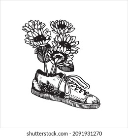 Vector hand drawn illustration of retro sunflower embellished sneakers in vintage engraved style. Isolated on white background.