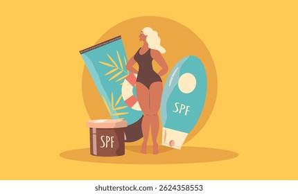 vector hand drawn illustration in retro style - tanning and sun protection products and tanned girl