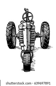 Vector hand drawn illustration of retro threeâ??wheeled tractor in vintage engraved style. isolated on white background. front view.