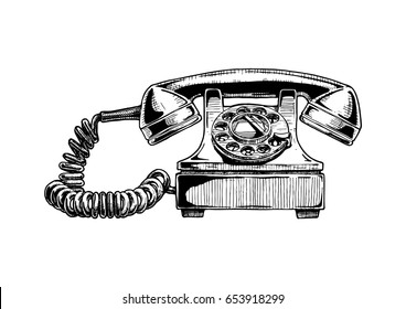 Vector hand drawn illustration of retro phone in vintage engraved style. rotary dial telephone of 1940s isolated on white background. 