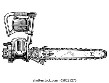 Vector hand drawn illustration of retro chainsaw in vintage engraved style. isolated on white background. Side view.