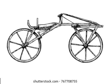 Vector hand drawn illustration of retro Wooden bicycle, draisine. 