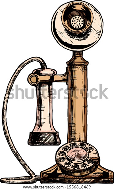 Vector\
hand drawn illustration of retro candlestick telephone in vintage\
engraved style. isolated on white background.\
