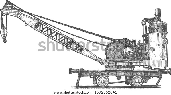 Vector hand drawn illustration of\
retro Railway steam crane, with vertical cross-tube boiler in\
vintage engraved style. Isolated on white background. Side\
view.