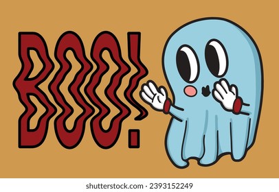 vector hand drawn illustration of retrosky blue ghost with eyes style of 90's on the orange background. Sign "Boo!" for Halloween