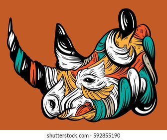Vector hand drawn  illustration of rhino with decorative elements. Artwork in boho style. Hand sketched portrait of animal. Template for card poster banner print for t-shirt