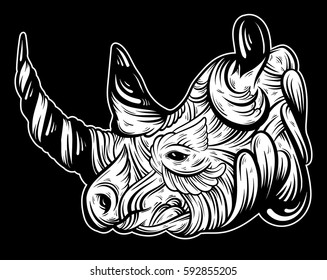 Vector hand drawn  illustration of rhino with decorative elements. Artwork in boho style. Hand sketched portrait of animal. Template for card poster banner print for t-shirt.